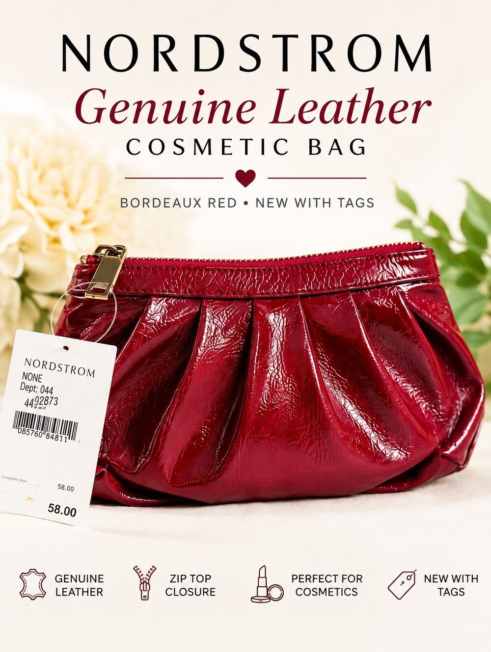 Nordstrom Genuine Leather Patent Red Cosmetic Makeup Bag Pouch NWT